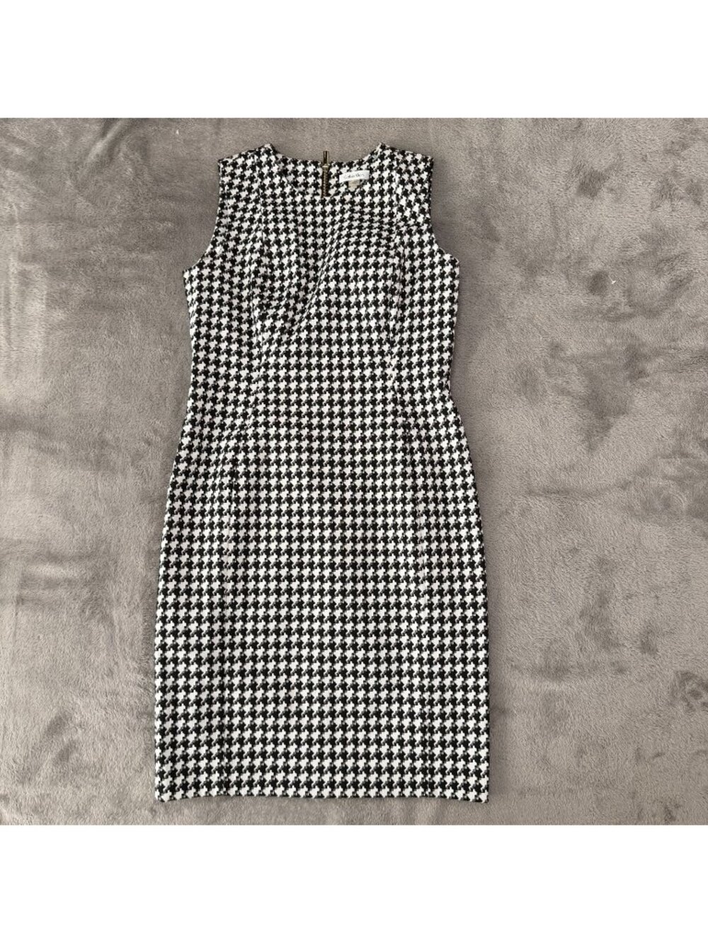 Calvin Klein Houndstooth Midi Dress Womens 10 Career Business Black White Silver